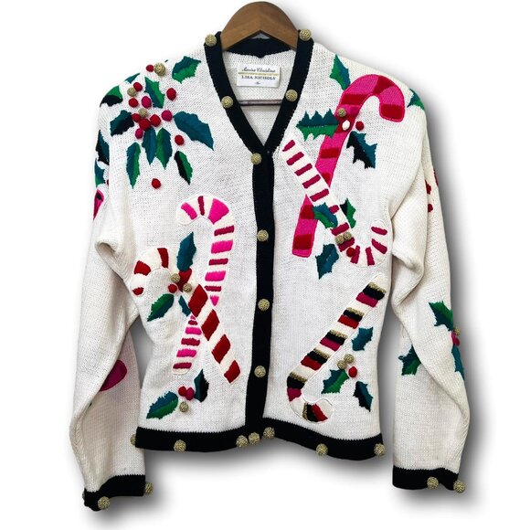 Rare Vintage Marisa Christina Candy Cane Knit Cardigan Ugly Christmas Sweater - Picture 8 of 17